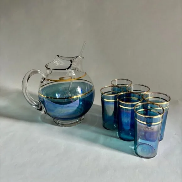 Vintage Iridescent Macbeth Evans Corning Upright Ball Pitcher & Glasses Set - Picture 8 of 14